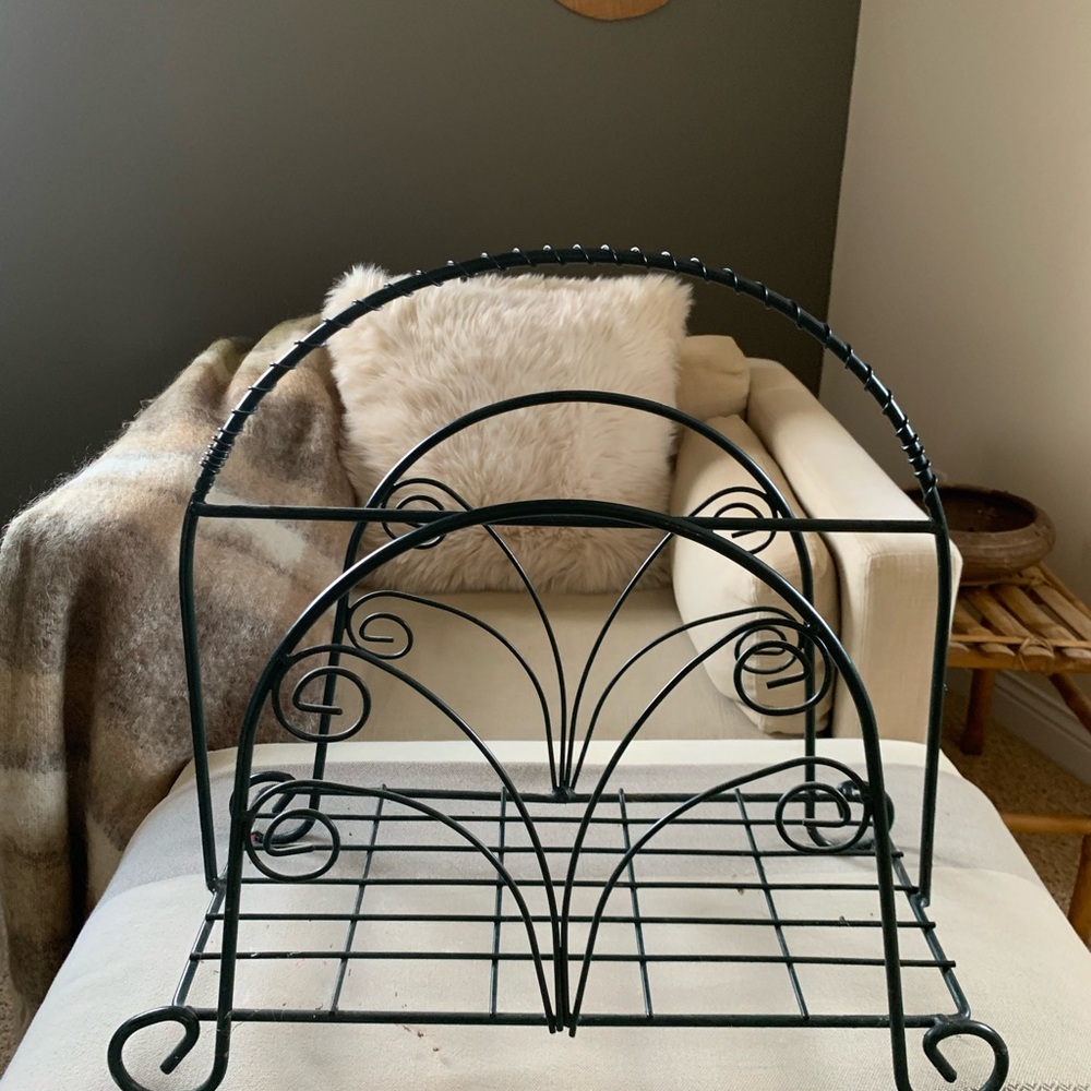 Vintage Scrolled Ornate Black Metal Wrought Iron Magazine Rack